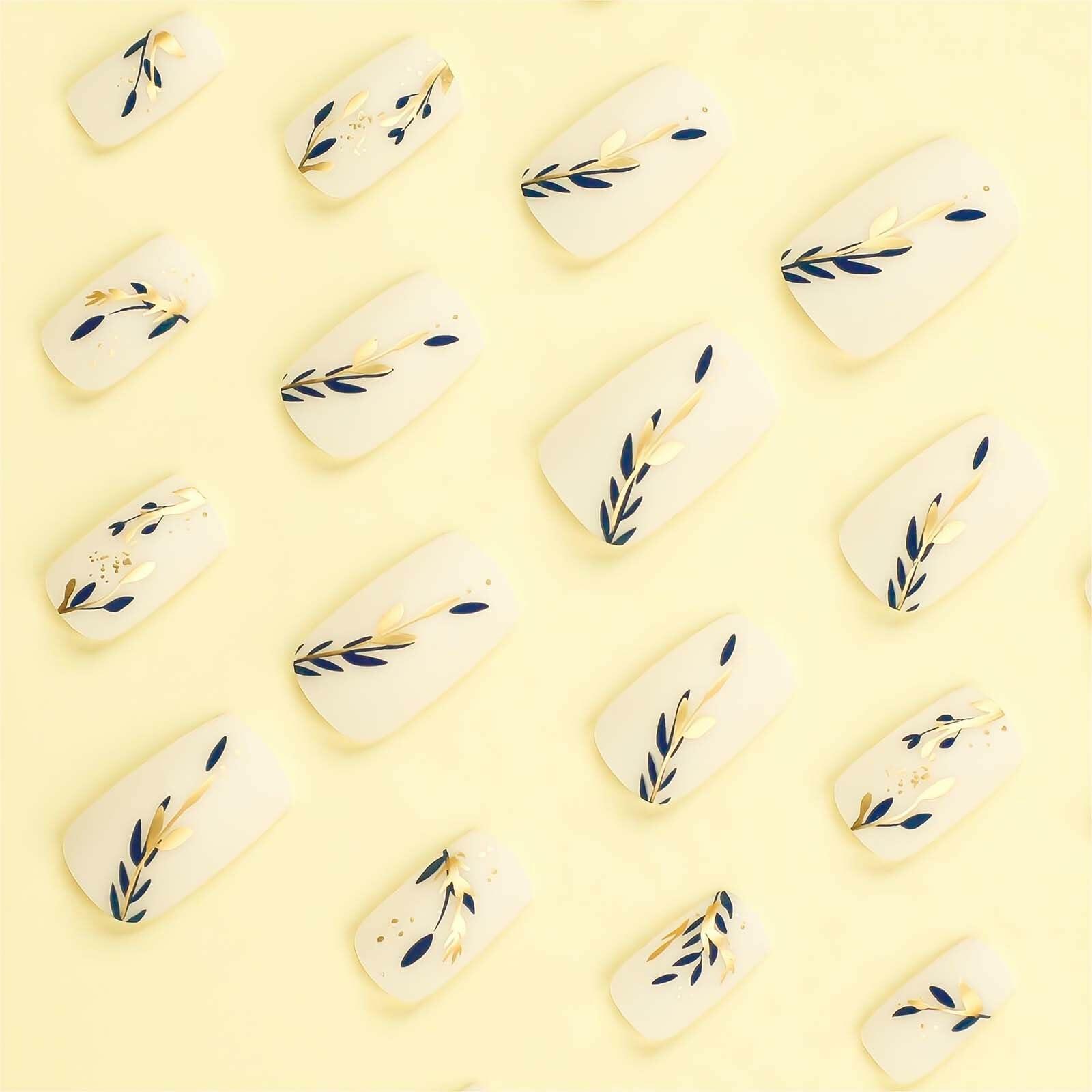 RUOKEXIN Acrylic Coffin Nails 24Pcs Red Blue Flower Gold Rhinestones Glossy Deal US