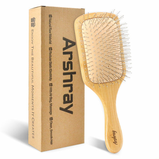 Arshray Bamboo Paddle Hair Brush Stainless Steel Teeth All Hair Types Deal US