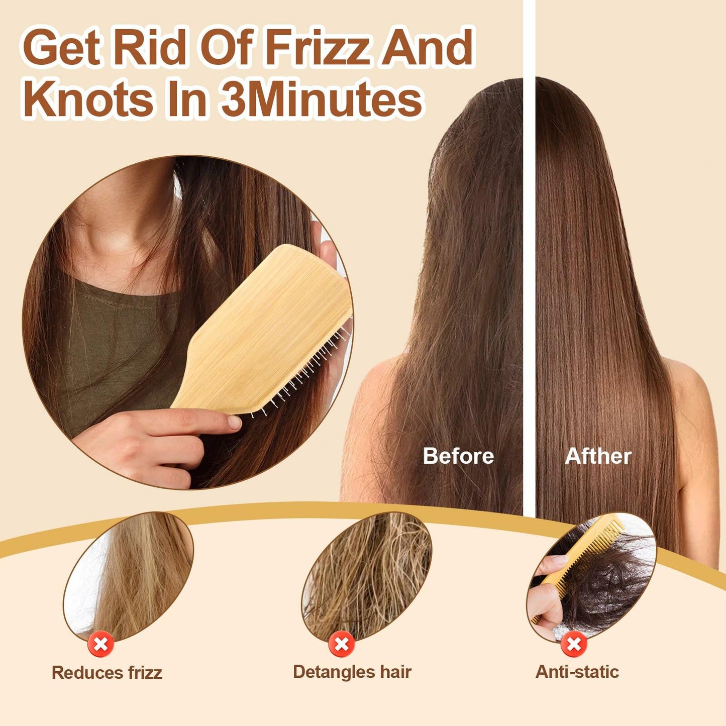Arshray Bamboo Paddle Hair Brush Stainless Steel Teeth All Hair Types Deal US