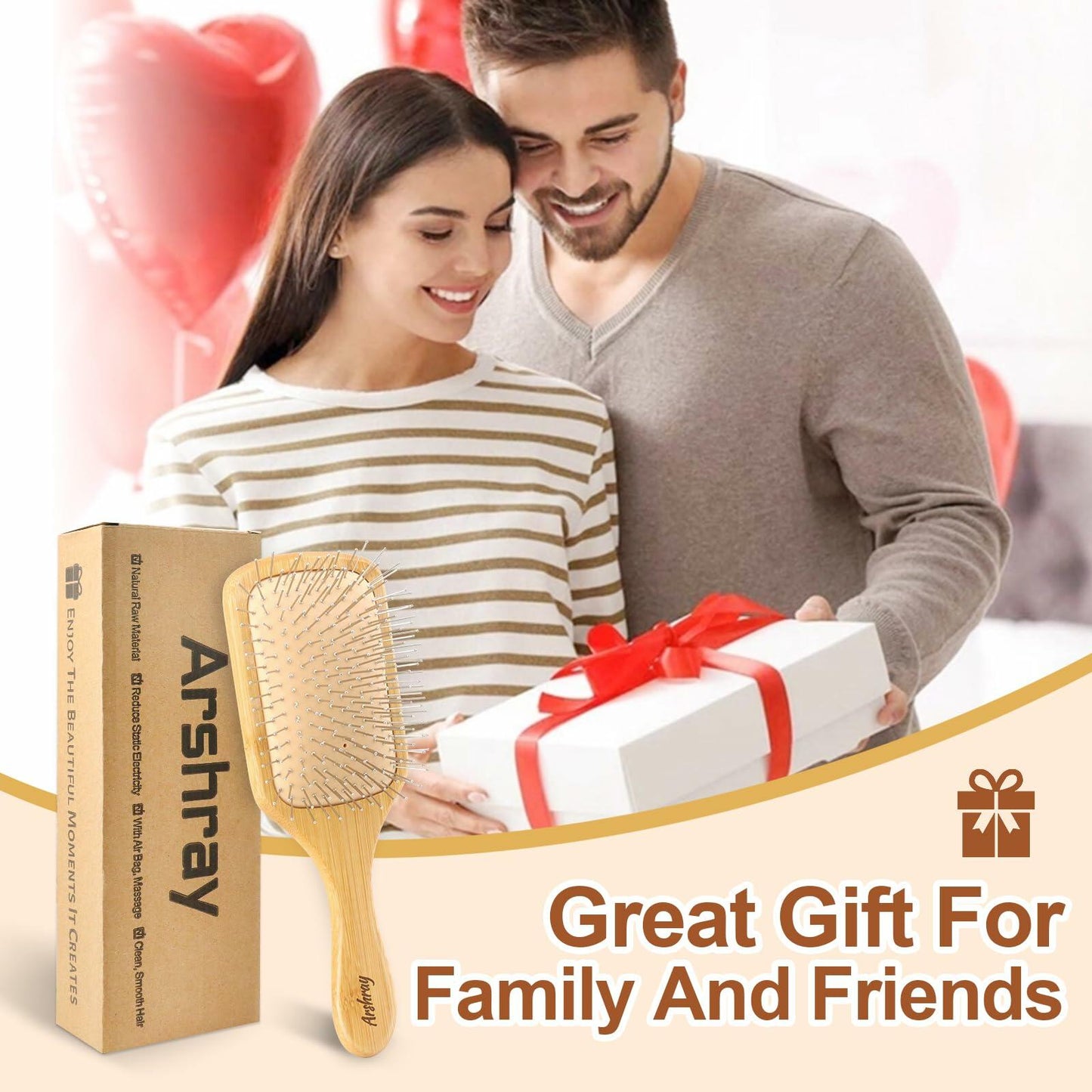 Arshray Bamboo Paddle Hair Brush Stainless Steel Teeth All Hair Types Deal US