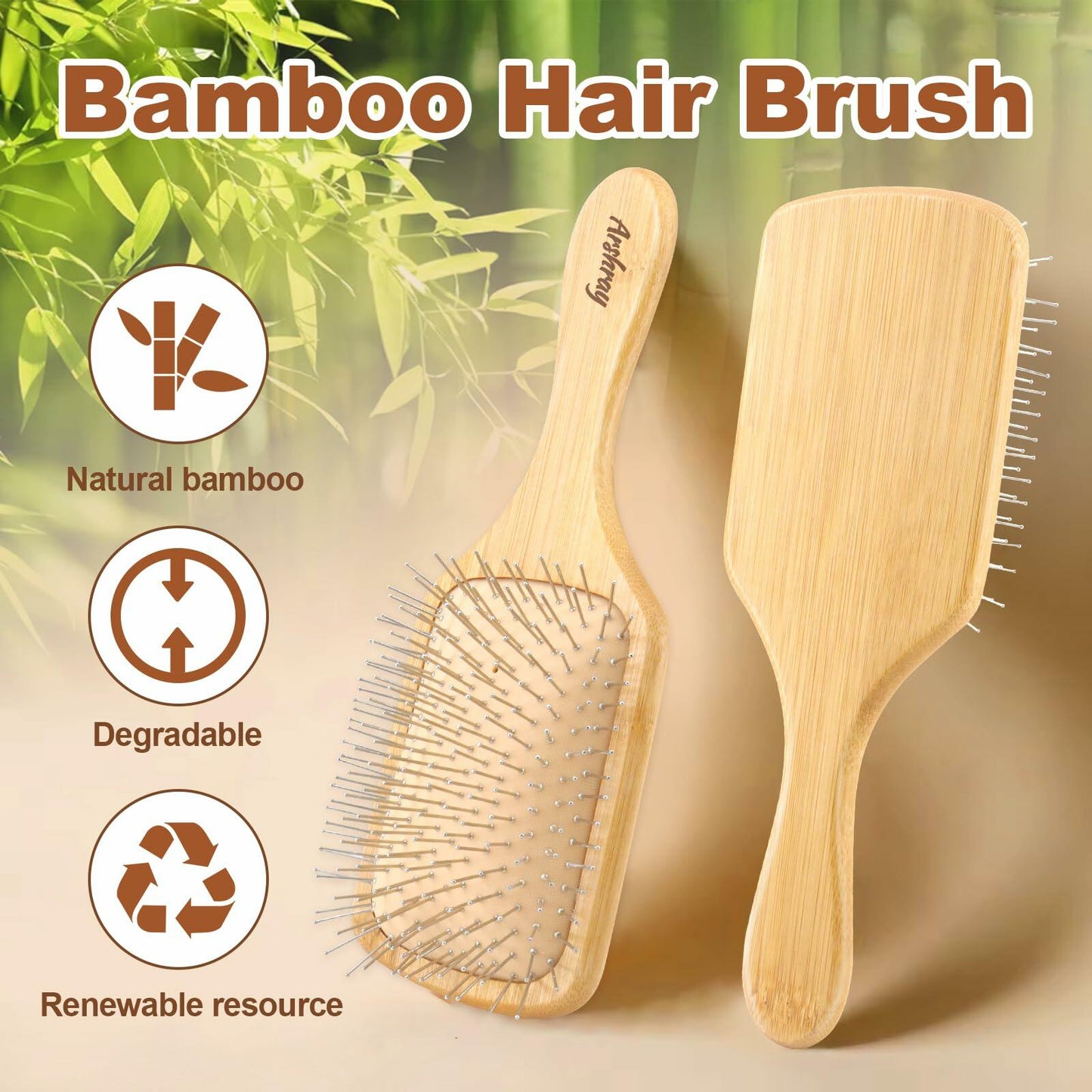 Arshray Bamboo Paddle Hair Brush Stainless Steel Teeth All Hair Types Deal US