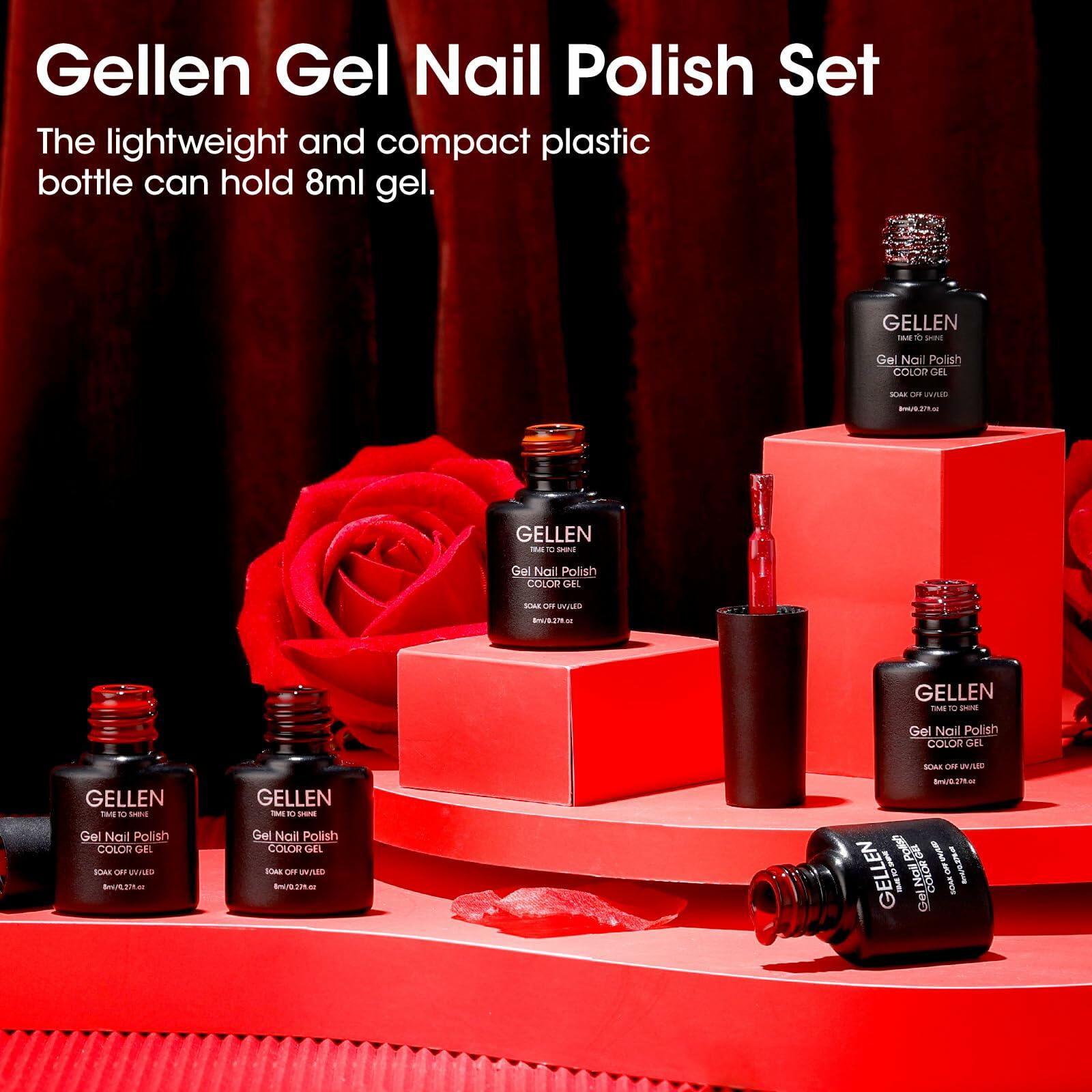 GELLEN Gel Nail Polish Set 6 Colors Burgundy Red Glitter Crimson Celebration Deal US