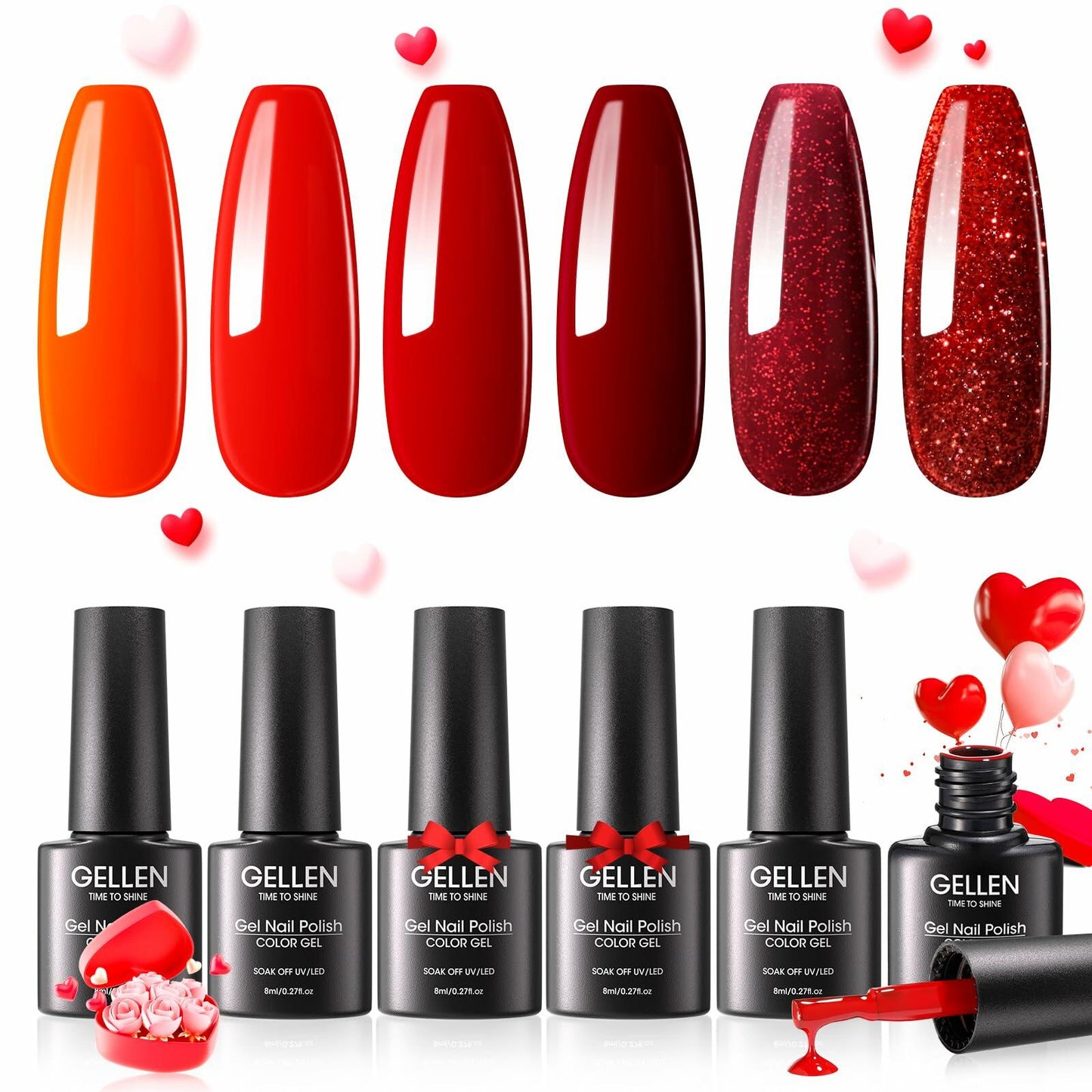 GELLEN Gel Nail Polish Set 6 Colors Burgundy Red Glitter Crimson Celebration Deal US