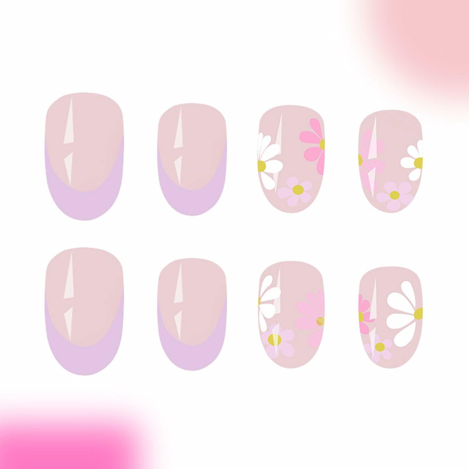 YOJIATOP Summer Press On Nails Short Oval Flower Design Purple Nude 24Pcs Deal US