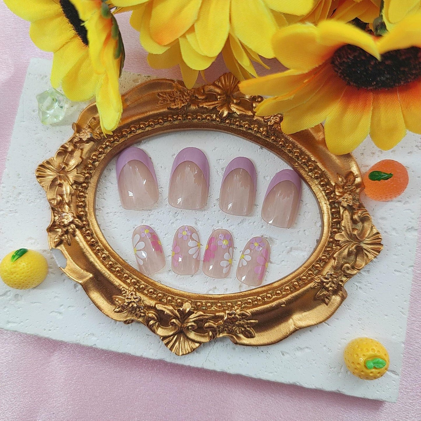 YOJIATOP Summer Press On Nails Short Oval Flower Design Purple Nude 24Pcs Deal US