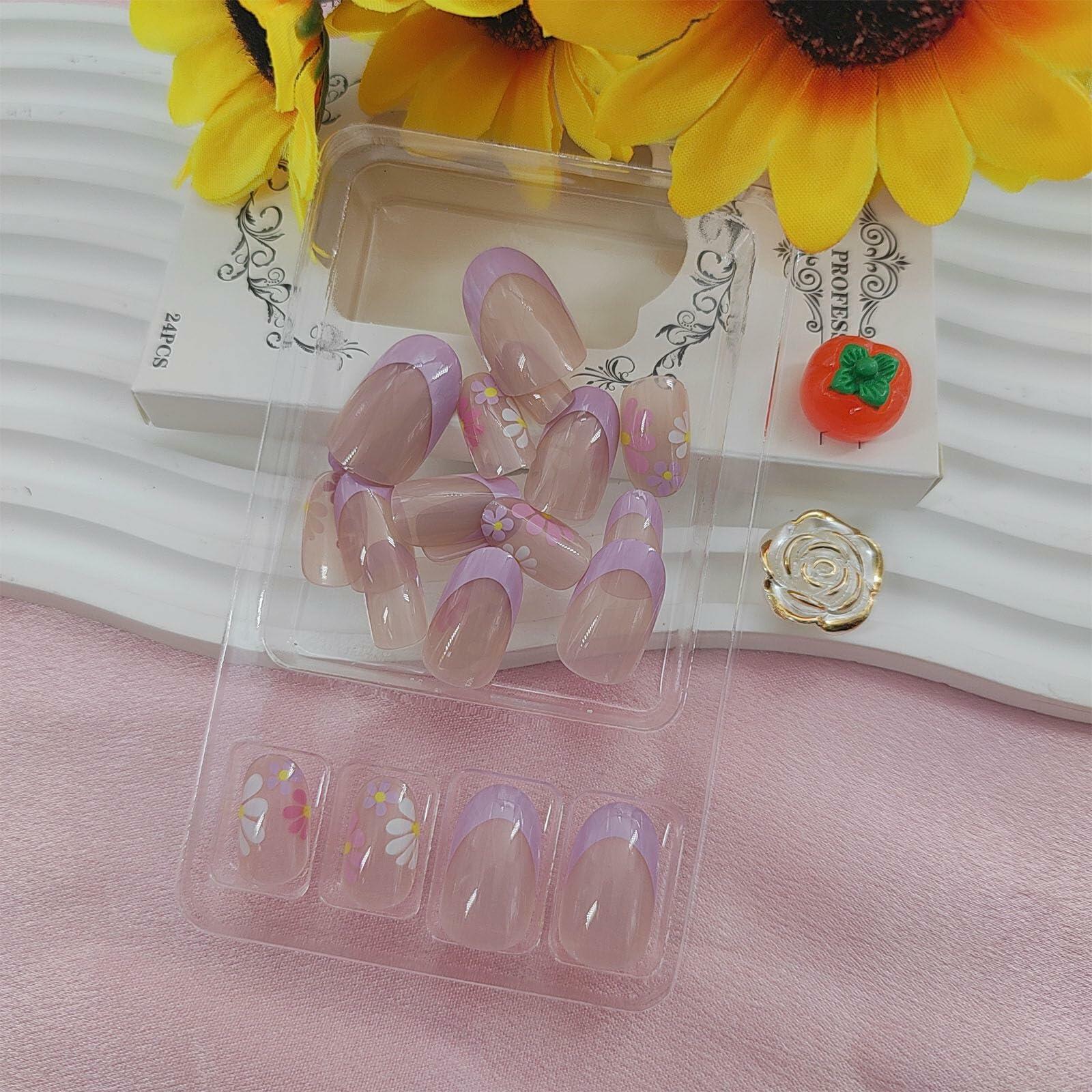 YOJIATOP Summer Press On Nails Short Oval Flower Design Purple Nude 24Pcs Deal US