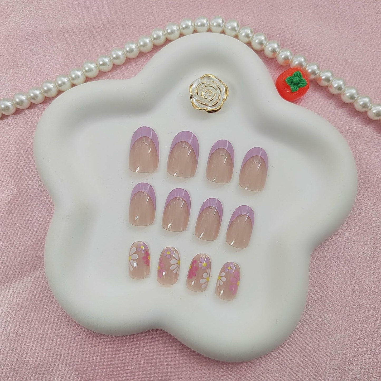 YOJIATOP Summer Press On Nails Short Oval Flower Design Purple Nude 24Pcs Deal US