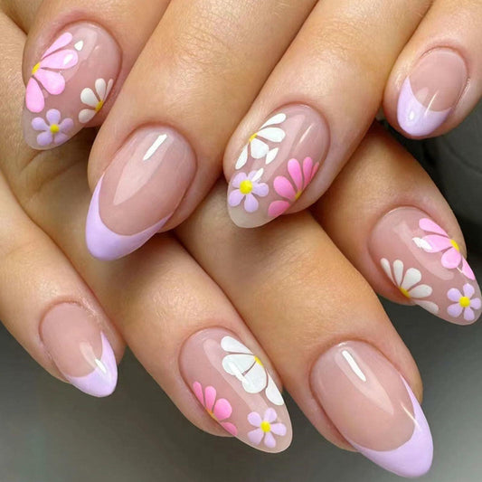 YOJIATOP Summer Press On Nails Short Oval Flower Design Purple Nude 24Pcs Deal US