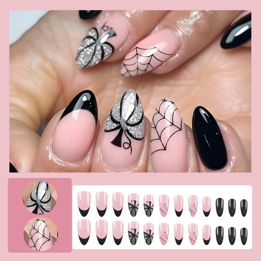 24PCS Halloween Short Almond Press-On Nails Pink & Black Pumpkin Spider Web Deal US