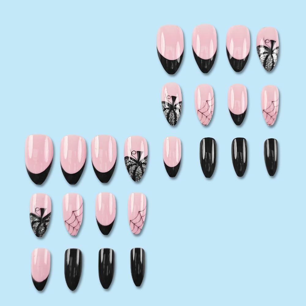 24PCS Halloween Short Almond Press-On Nails Pink & Black Pumpkin Spider Web Deal US
