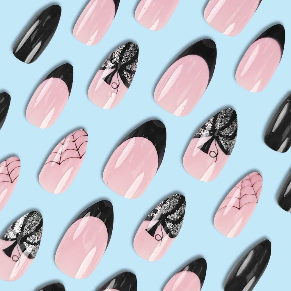 24PCS Halloween Short Almond Press-On Nails Pink & Black Pumpkin Spider Web Deal US
