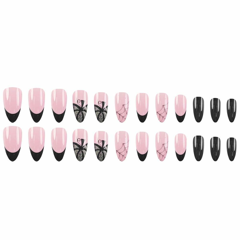 24PCS Halloween Short Almond Press-On Nails Pink & Black Pumpkin Spider Web Deal US