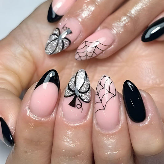 24PCS Halloween Short Almond Press-On Nails Pink & Black Pumpkin Spider Web Deal US