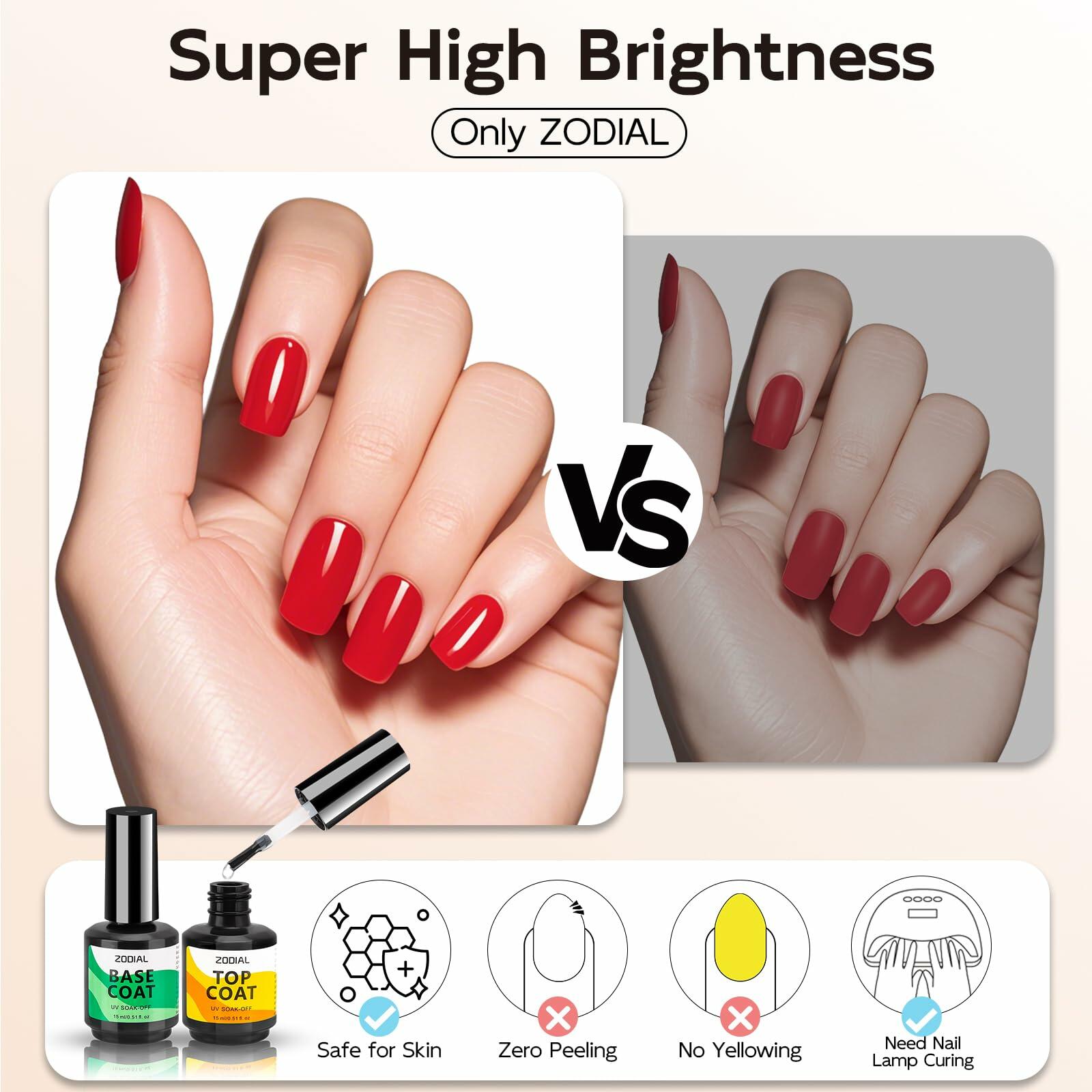 ZODIAL Gel Base & Top Coat Set 0.51oz No Wipe High Glossy Finish 2Pcs Deal US