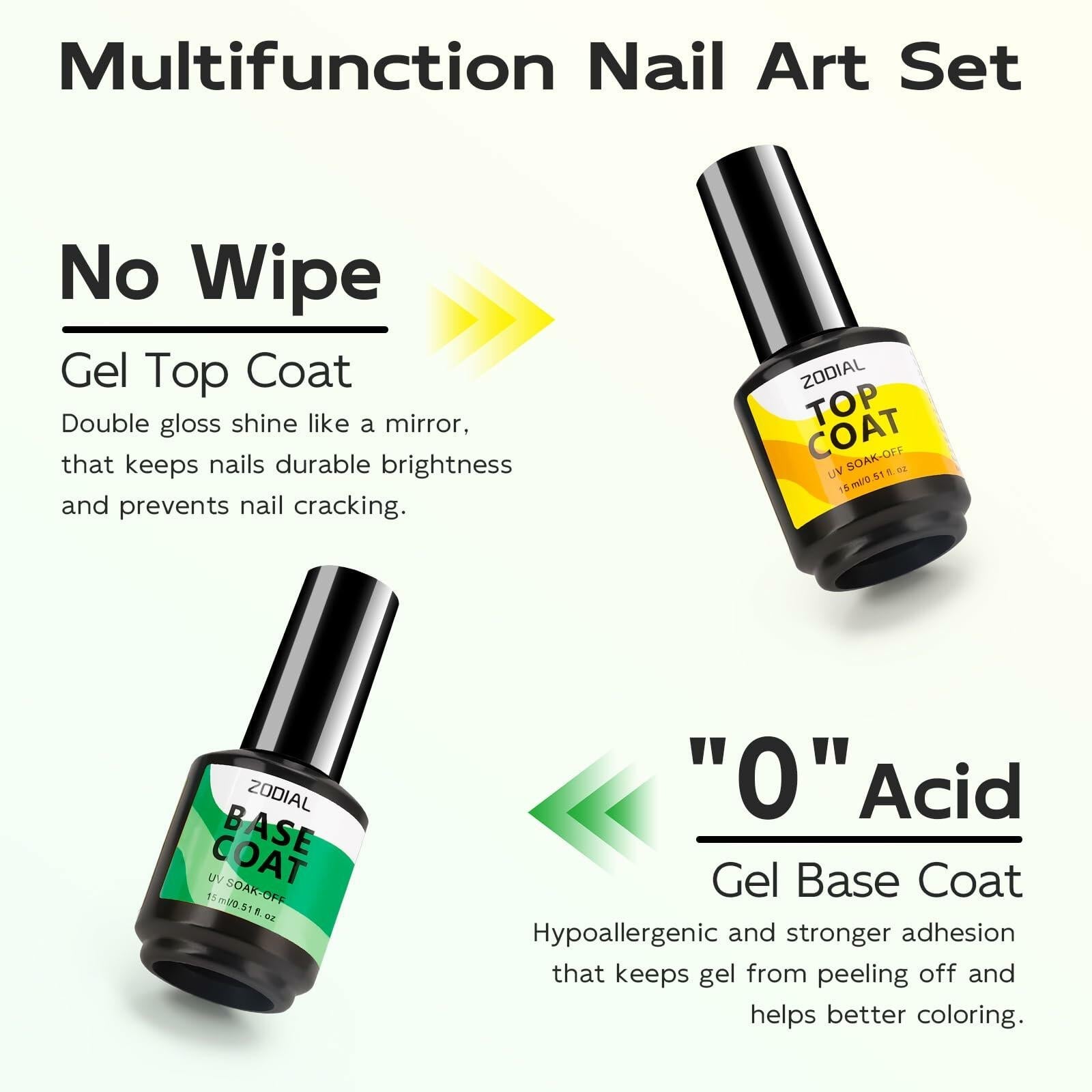 ZODIAL Gel Base & Top Coat Set 0.51oz No Wipe High Glossy Finish 2Pcs Deal US