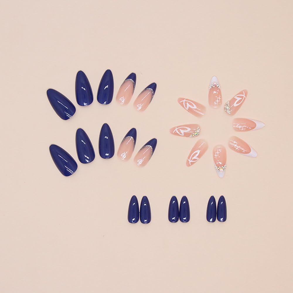 YEFIUO Press On Nails 24 Pcs Short Almond French Blue & White Rhinestones Deal US