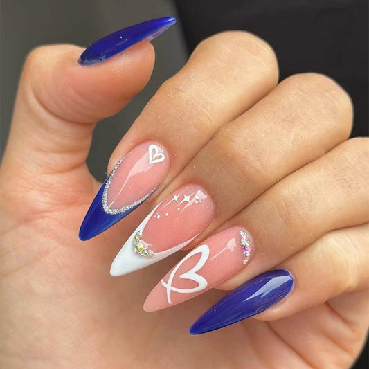 YEFIUO Press On Nails 24 Pcs Short Almond French Blue & White Rhinestones Deal US