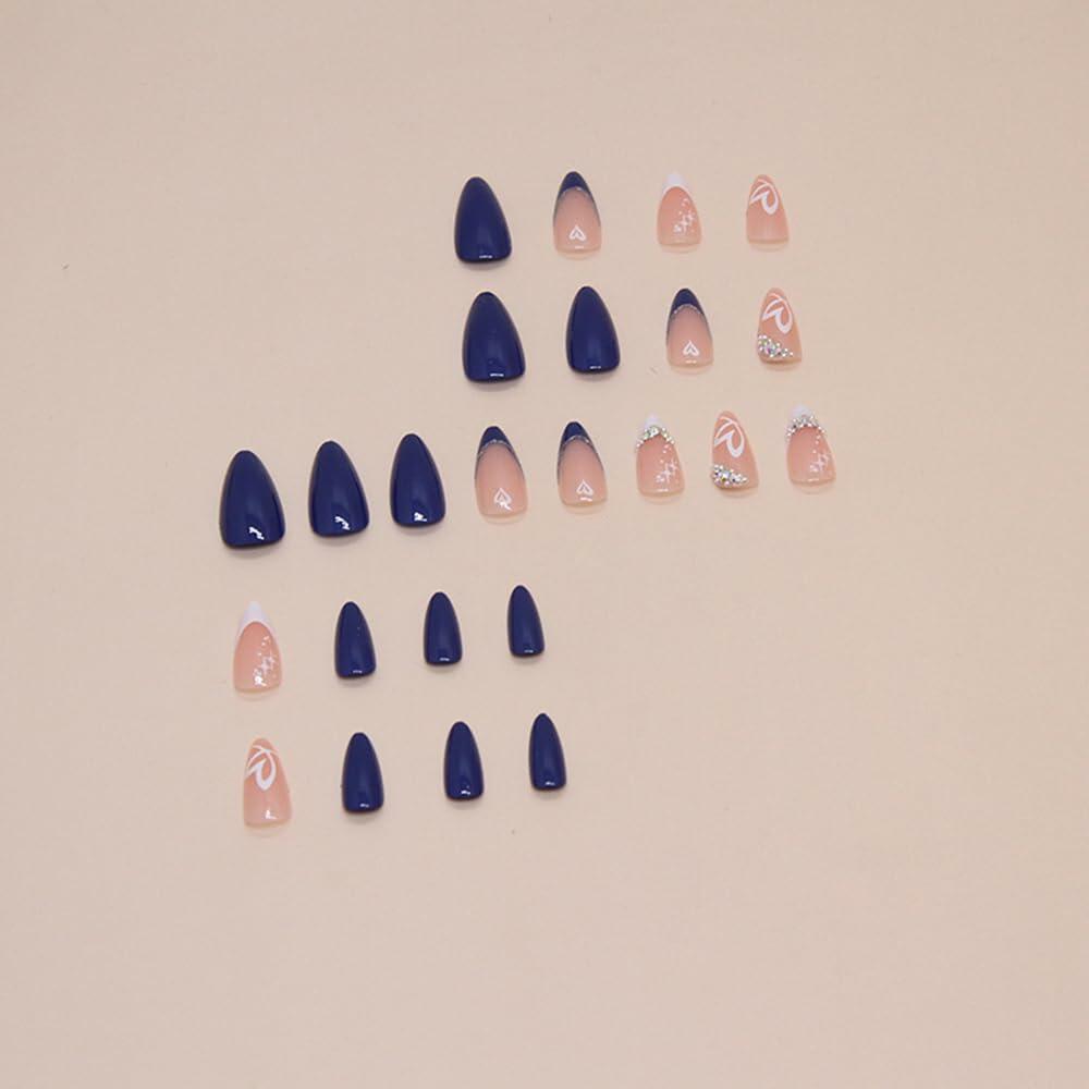 YEFIUO Press On Nails 24 Pcs Short Almond French Blue & White Rhinestones Deal US