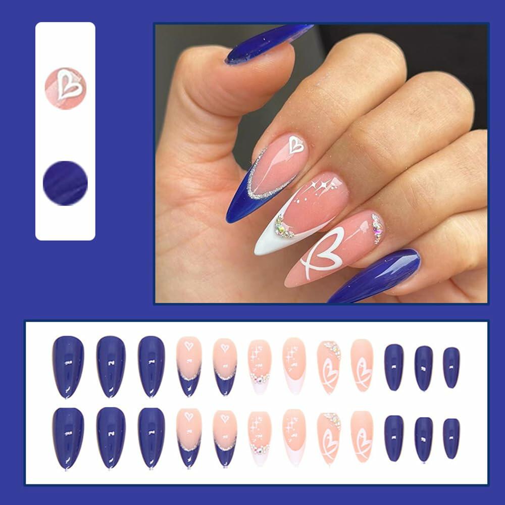 YEFIUO Press On Nails 24 Pcs Short Almond French Blue & White Rhinestones Deal US
