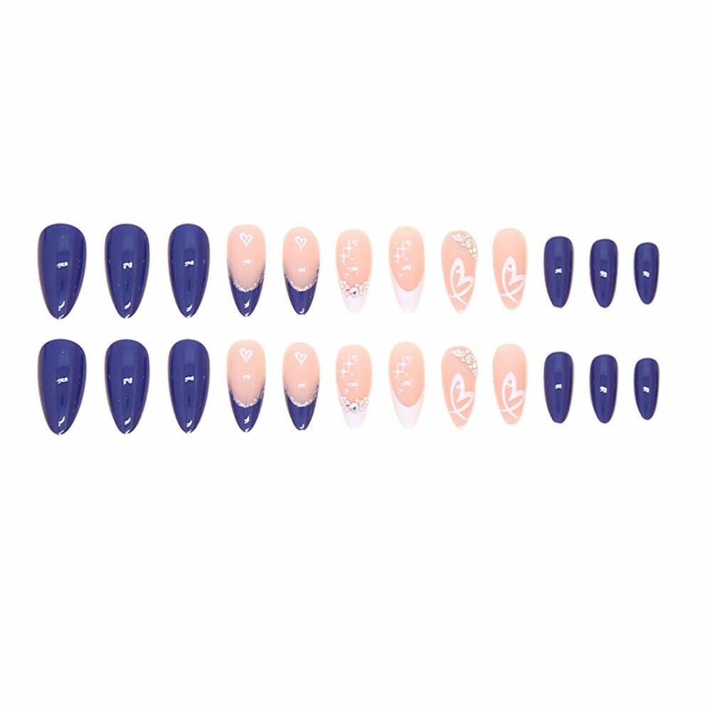 YEFIUO Press On Nails 24 Pcs Short Almond French Blue & White Rhinestones Deal US