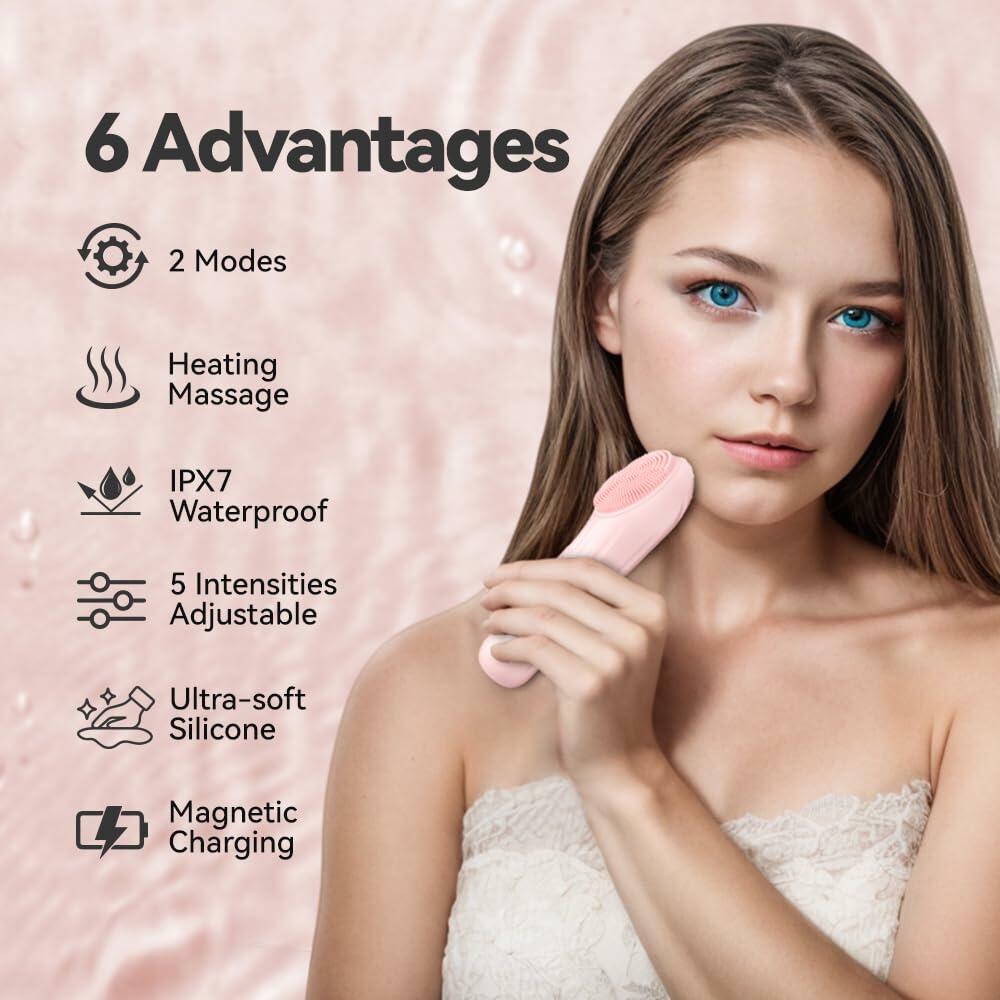 ZEXIYP Silicone Face Scrubber Electric Waterproof Brush 5 Strength Pink Deal US