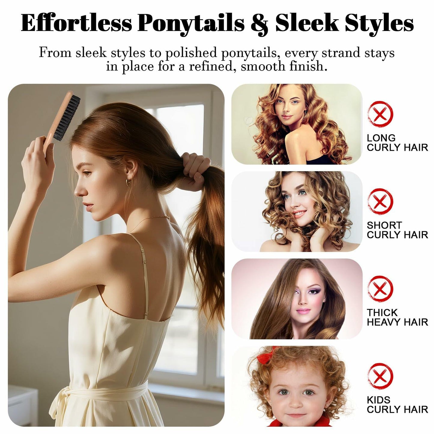 LLMSIX 2Pcs Wooden Handle Boar Bristle Hair Brush Soft Smoothing Brown Deal US