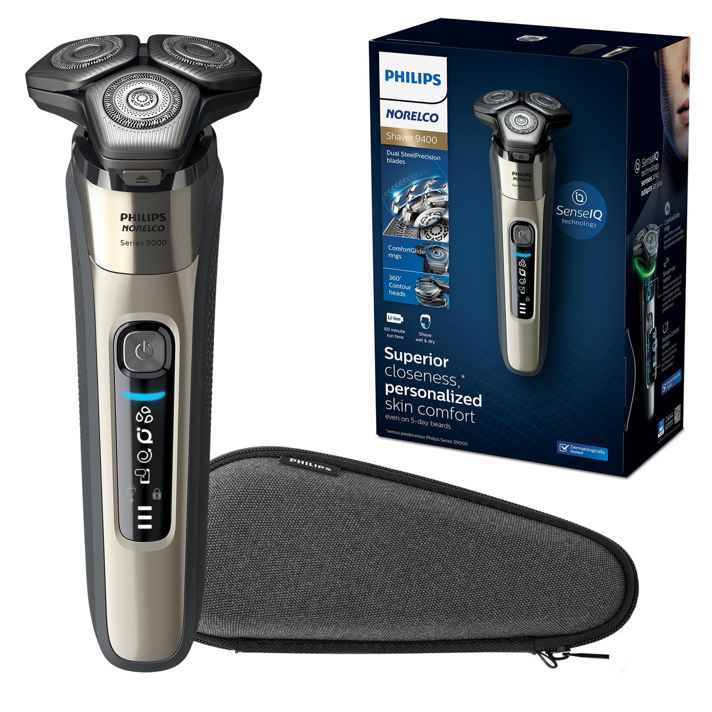 Philips Norelco 9400 Rechargeable Wet/Dry Electric Shaver with SenseIQ and Comfort Glide Ring Technology, Battery Powered, Silver, S9502/83 7DAY'S