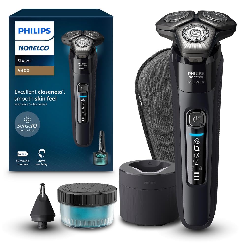 Philips Norelco 9400 Rechargeable Wet/Dry Electric Shaver with SenseIQ and Comfort Glide Ring Technology, Battery Powered, Silver, S9502/83 7DAY'S