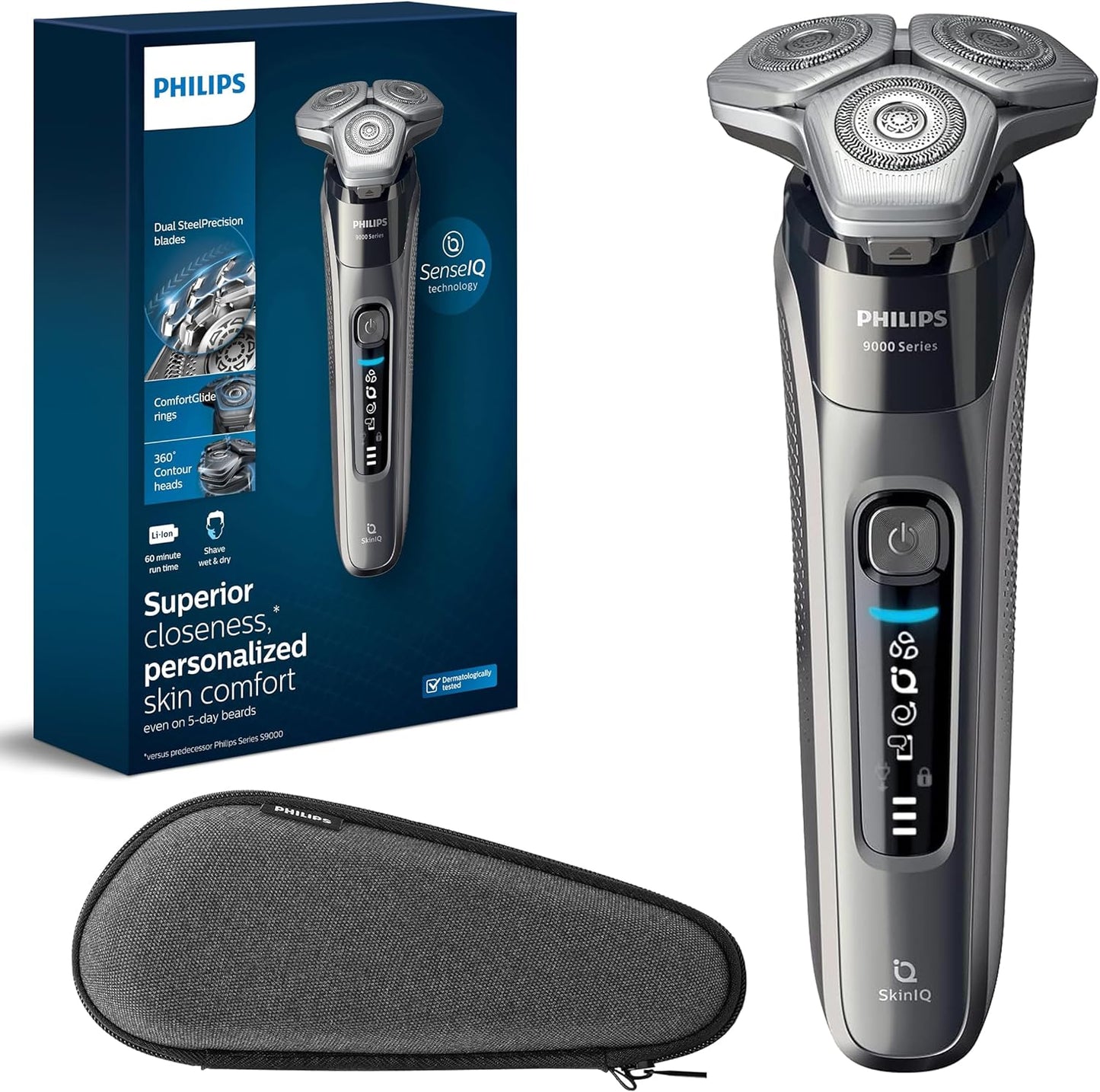 Philips Rechargeable Wet/Dry Electric Shaver Series 9000 with SenseIQ and Comfort Glide Ring Technology, Battery Powered, Silver 7DAY'S