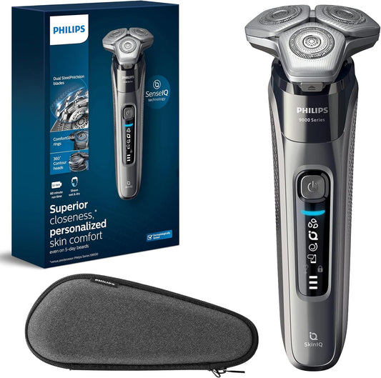Philips Rechargeable Wet/Dry Electric Shaver Series 9000 with SenseIQ and Comfort Glide Ring Technology, Battery Powered, Silver 7DAY'S
