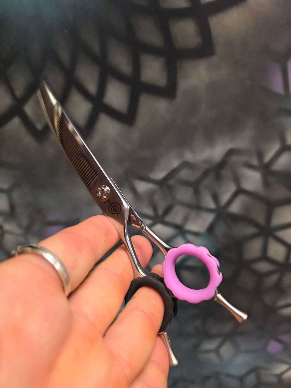 Reiki Shears - Left-Handed Curved Thinner - Southpaw Signature by Cat The Dog Groomer Reiki Shears