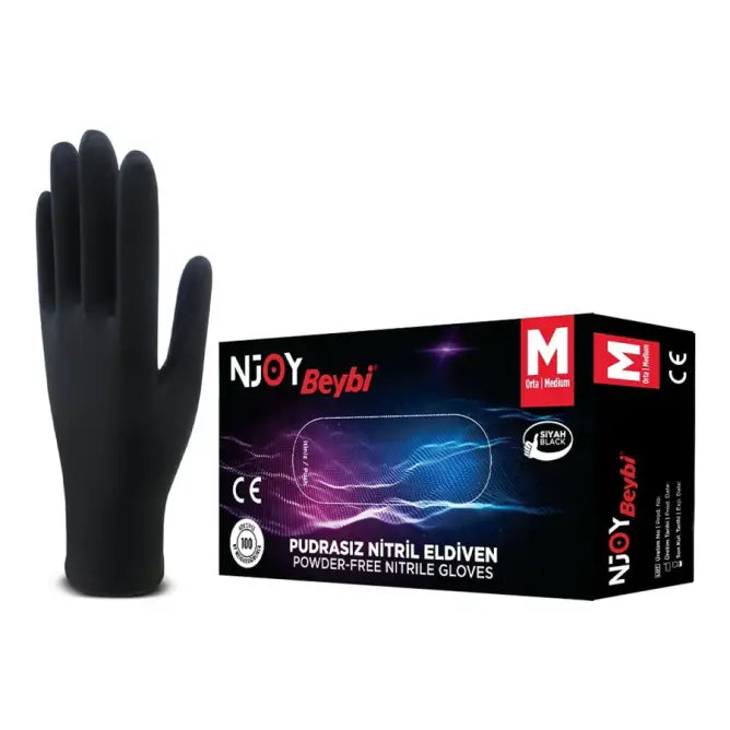 Beybi Njoy Black Powder-Free Nitrile Exam Gloves 100 Count Beauty Care Bag