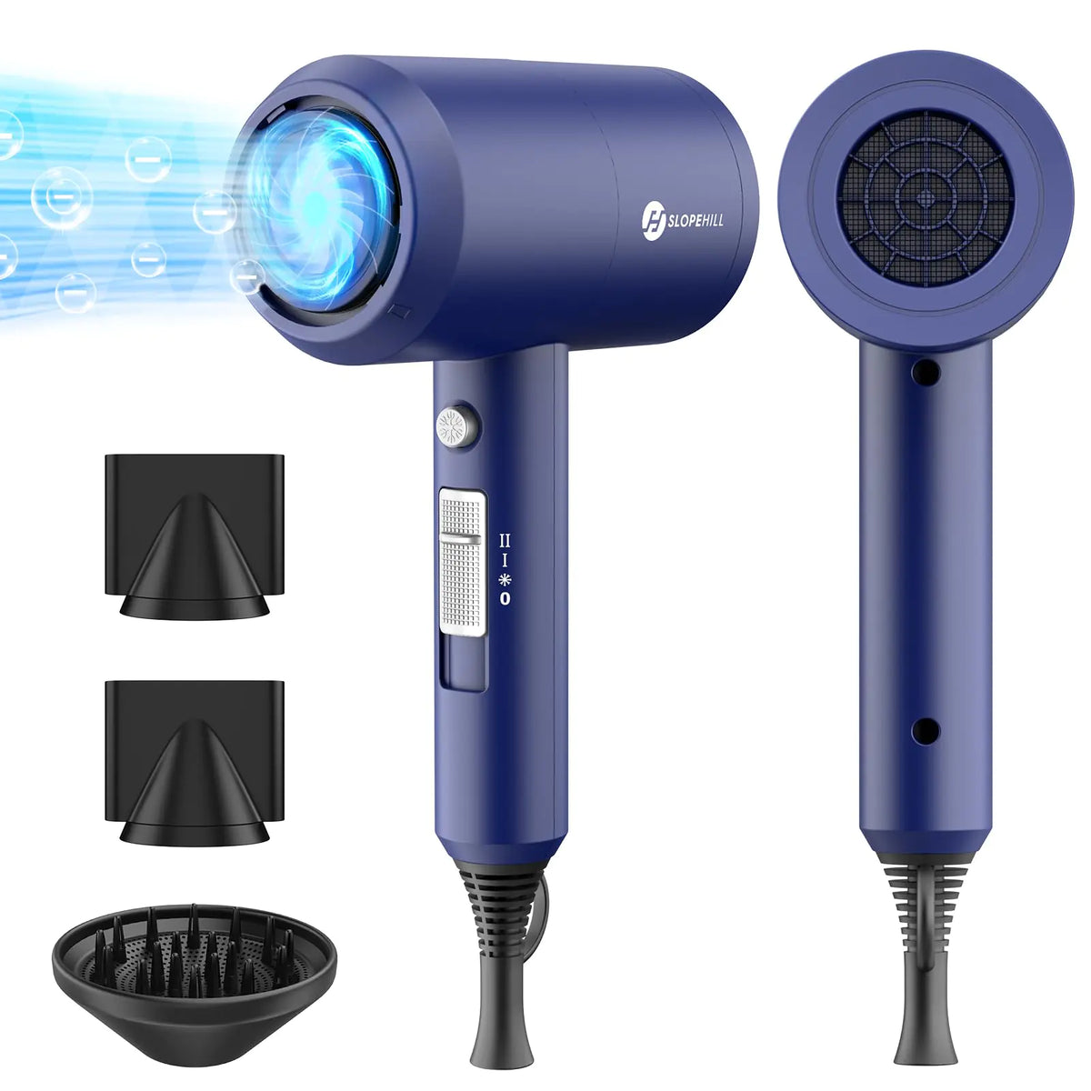 Slopehill Professional Ionic Hair Dryer, Powerful 1800W Fast Drying Low Noise Blow Dryer with 2 Concentrator Nozzle 1 Diffuser Attachments for Home Salon Travel (Prussian Blue) Prussian Blue Anti Spier