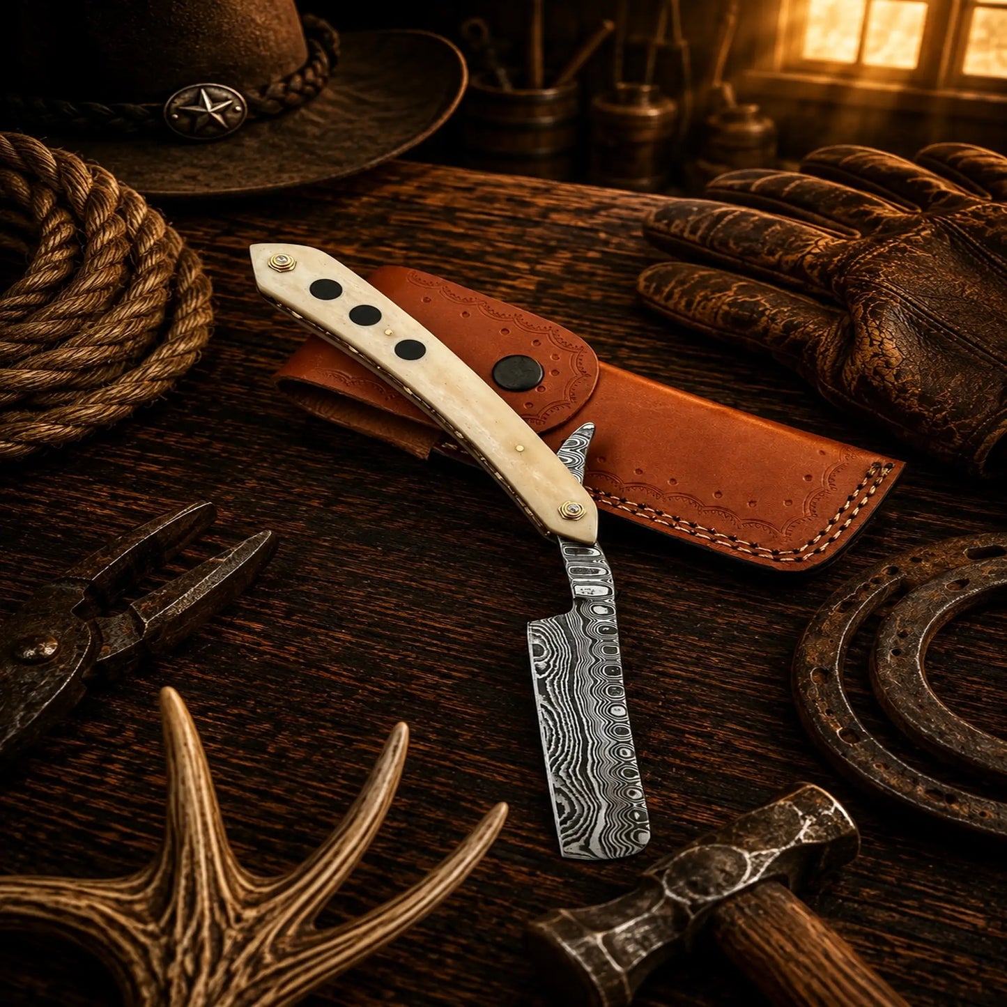 Old School Barber Straight Razor – Damascus Steel Folding Razor SHAM KNIVES