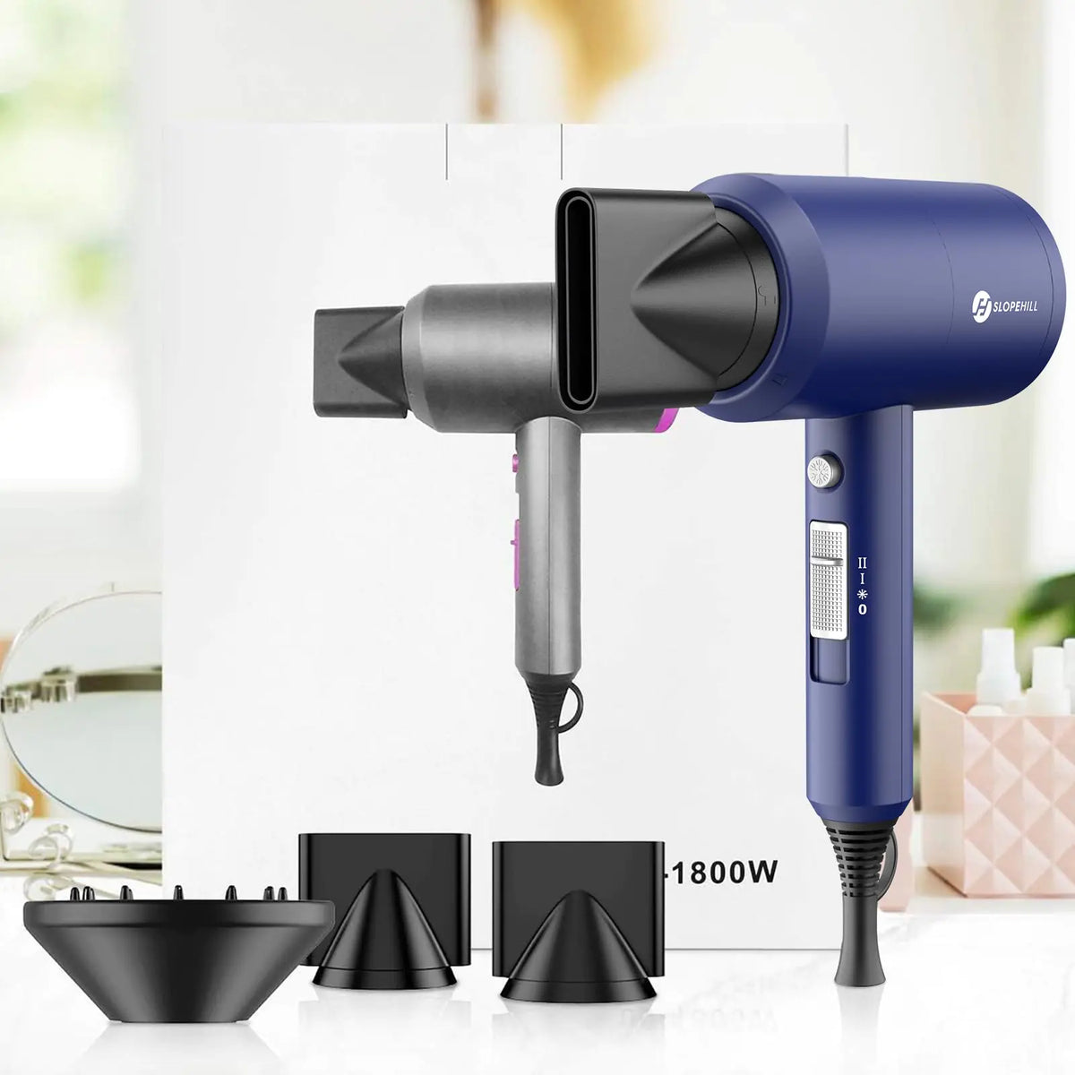 Slopehill Professional Ionic Hair Dryer, Powerful 1800W Fast Drying Low Noise Blow Dryer with 2 Concentrator Nozzle 1 Diffuser Attachments for Home Salon Travel (Prussian Blue) Prussian Blue Anti Spier