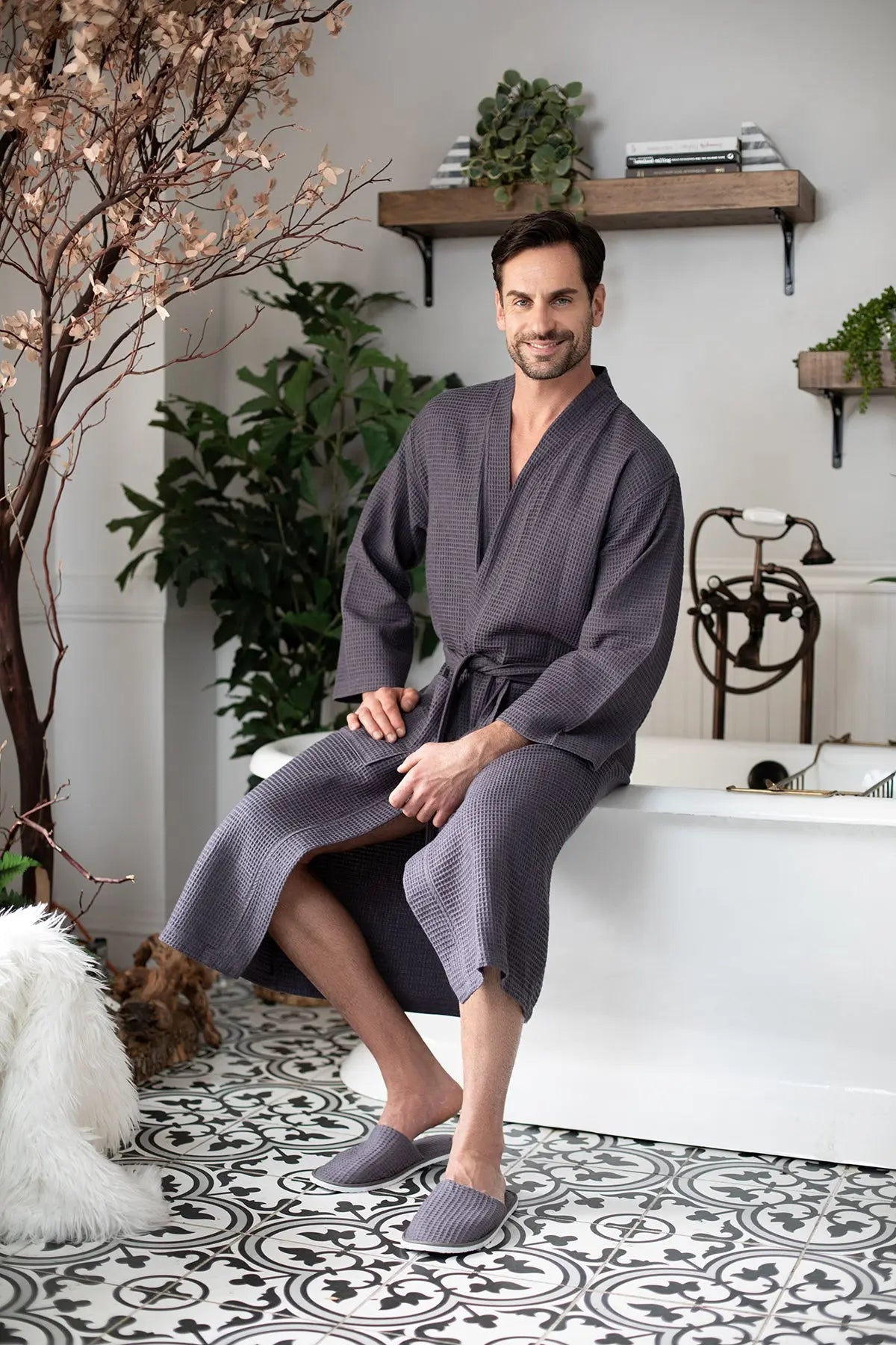 Waffle Spa Bathrobe for Men -  Absorbent, Lightweight Lotus Linen