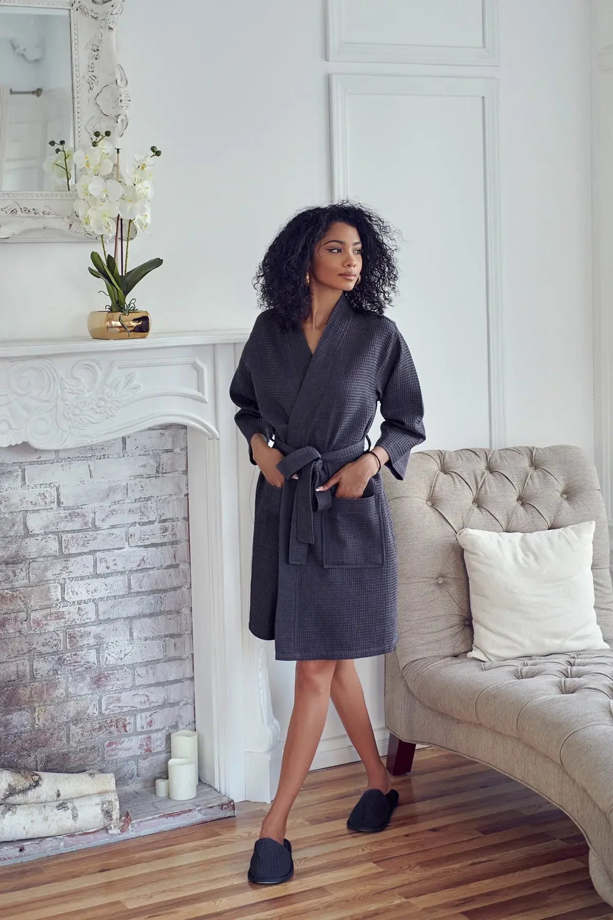 Knee-Length Waffle Robe for Women Lotus Linen