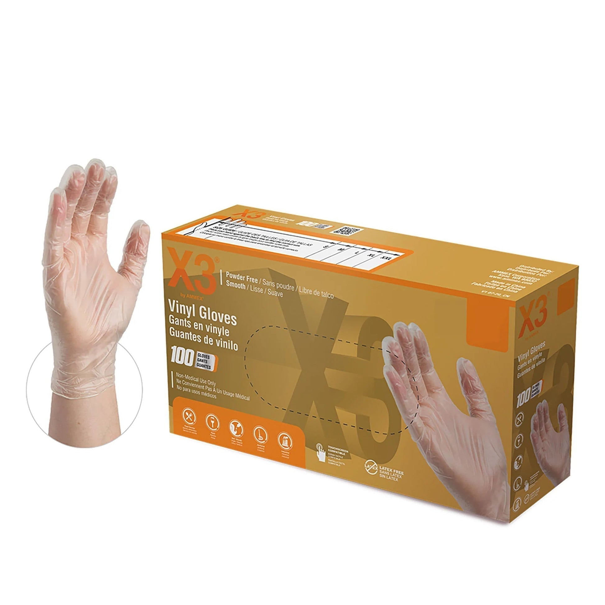 Ammex X3 Clear Vinyl Industrial Latex-Free Disposable Gloves VIP Extensions